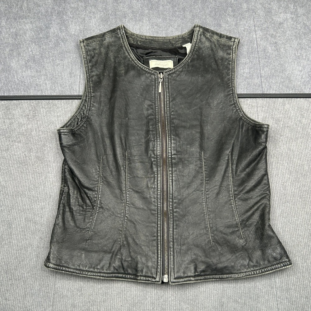 Lord & Taylor Leather Vest Black Distressed Zip Front Sleeveless Top Womens Y2k